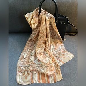 Lovely VTG Pierre Cardin Silk Scarf Beige Tan Orange Paisley, 16” x 62” Neckwrap